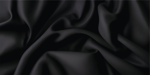 Luxury black silk satin texture with soft flowing fabric waves and glossy highlights forming an elegant premium background for fashion branding, advertising, packaging and digital design use
