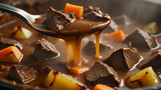 Close-up of rich beef stew with carrots and potatoes being served by a spoon highlighting the thick savory gravy