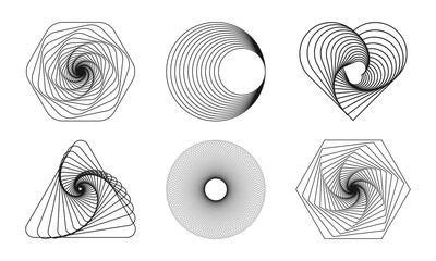 Set of spirograph template. Triangle, heart, hexagon and round rotation in twisted shape. Dynamic optical illusions. Geometric elements isolated on white background. Vector graphic illustration