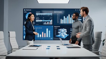 Business meeting data analysis financial report charts graphs teamwork collaboration strategy planning success corporate office modern technology investment growth analytics - Powered by Adobe