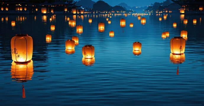 Water surface reflects numerous glowing lanterns. Night scene evokes peaceful, serene atmosphere. Lights create warm contrast against dark sky.