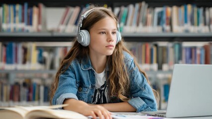 Teen girl wearing headphones studying online with laptop in library surrounded by books and open notebook