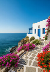A beautiful picture of a blue and white house on the coast of a sea with blue waters