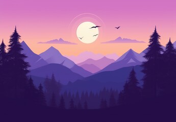 A serene digital landscape featuring mountains and a sunset, with a gradient sky and silhouettes of trees, creating a calming and picturesque atmosphere.