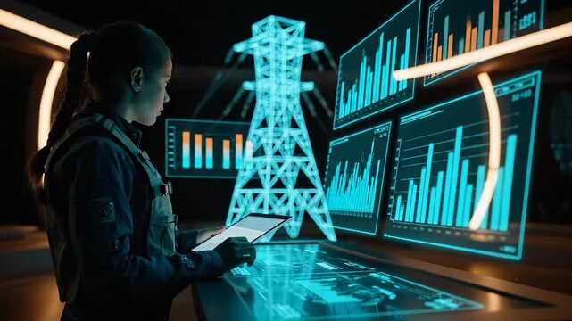 Child touches futuristic touchscreen data display. Technology analytics show energy power graphs beside engineering tower. Education innovation emphasized with interactive interface. Calm lab space.