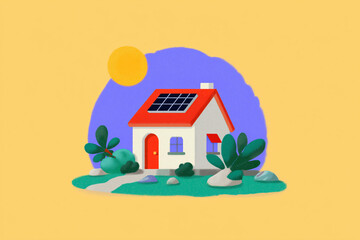 A colorful illustration of a house featuring a solar panel