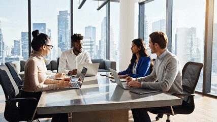 Business meeting teamwork collaboration diverse professionals modern office cityscape success strategy planning innovation leadership corporate finance growth investment - Powered by Adobe