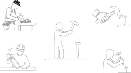 Carpenter icons collection, including handyman with a hammer and a wood project line art illustration set of professional construction worker figures for home renovation and industry design needs