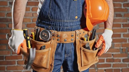 Construction Worker in Blue Overalls with Orange Hard Hat and Leather Tool Belt Against a Red Brick Wall