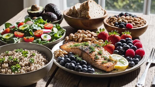 A vibrant spread of salads quinoa bowls berries, nuts, grilled salmon, lemon slices on a wooden table