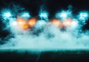A dramatic sports scene featuring bright stadium lights piercing through a dense fog, creating a mysterious and energetic atmosphere.