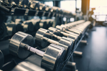 Rows of dumbbells in the gym with handramp