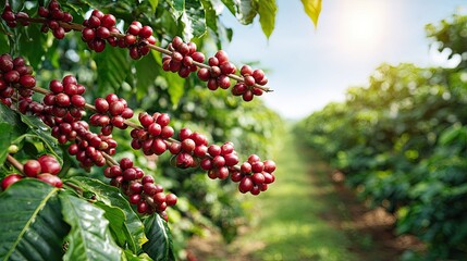 Coffee cherries ripening on green branches in sunny plantation with rows of trees and natural background
