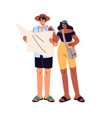 Lost tourists navigate with paper map. Couple travels together, searches for path. People are in summer trip, look for route, direction to destination. Flat isolated vector illustration on white