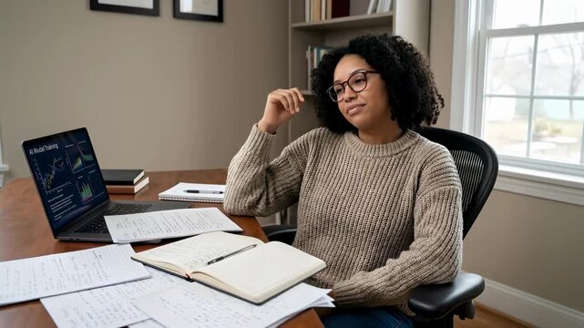 Woman thinking at desk with AI model training data on laptop and scattered notes for business analysis