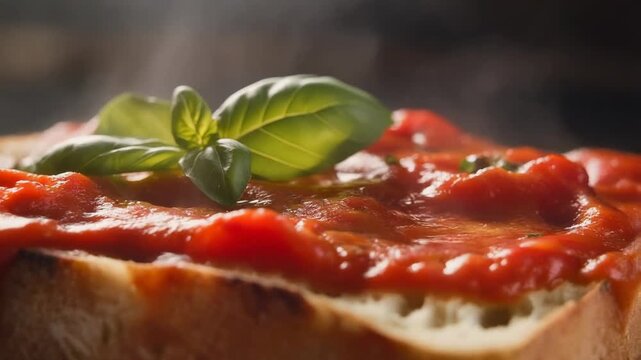 Close-up of hot tomato sauce and basil on toasted bread slice steaming freshly made italian bruschetta