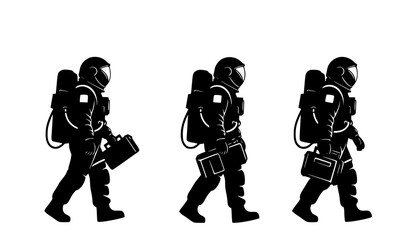 Three astronauts in silhouette walking with equipment on a white background in a vector image
