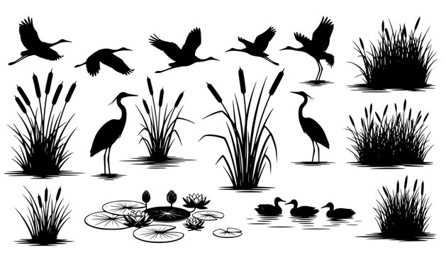 Silhouette of wetland scenery with birds, cattails, water lilies, and reeds in black and white style editable vector eps,ai
