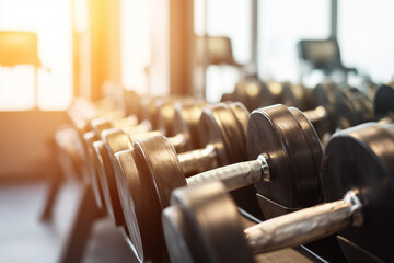 Rows of dumbbells in the gym with handramp