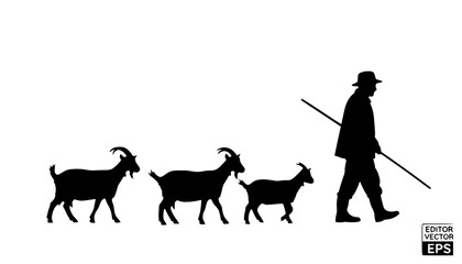 Silhouette of a shepherd walking with a stick and herding three goats in a black and white illustration editable eps vectors
