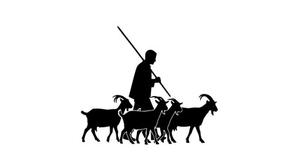Silhouette of a shepherd walking with a stick and herding three goats in a black and white illustration editable eps vectors
