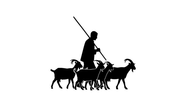 Silhouette of a shepherd walking with a stick and herding three goats in a black and white illustration editable eps vectors
