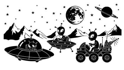 Illustration of two aliens ufo space rover planet stars moon and mountain landscape design vector |eps vectors silhouette
