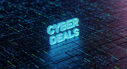 Neon blue glowing three dimensional text advertising cyber deals floats dramatically above a dark futuristic digital circuit board with flowing data streams and bokeh lights creating a sense of online