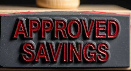 Extreme close up view of a rubber stamp die featuring raised bold metallic red letters clearly stating approved savings for financial transaction confirmation and documentation purposes
