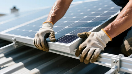 Close-up of technician's sweaty gloved hands precisely positioning photovoltaic solar panel onto rooftop mounting system under bright sun, emphasizing renewable energy installation work