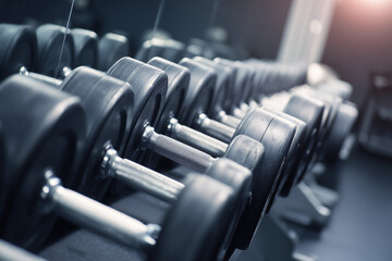 Rows of dumbbells in the gym with handramp
