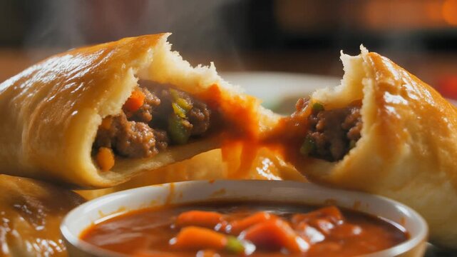 Steaming savory pastry split open revealing hearty meat and vegetable filling served with rich tomato dipping sauce