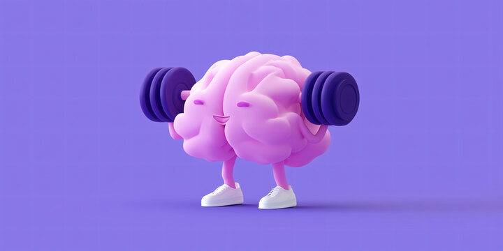 Conceptual image of a brain lifting weights, illustrating mental exercise and cognitive strength. It is standing with legs, wearing shoes and has dumbbells instead of arms. 