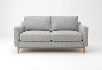 Light grey two-seater fabric sofa with oak legs on white background