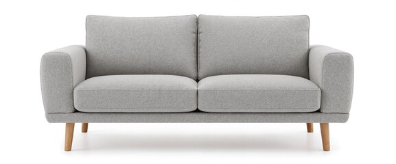 Light grey two-seater fabric sofa with oak legs on white background
