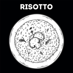Risotto sketch. Vector drawing illustration. Italian food. Italian cuisine. Hand drawn. Top view. Not AI Generated.