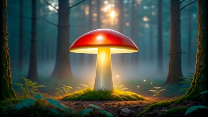 Large red mushroom with bright light in a dense forest during twilight hours