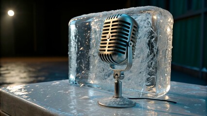 Vintage microphone placed next to a large ice block in a dark indoor setting