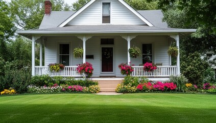 A charming, well-maintained house with a porch, surrounded by vibrant flowers and lush green grass, showcasing a welcoming atmosphere.