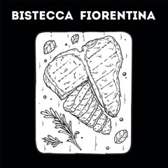 Bistecca alla fiorentina sketch. Vector drawing illustration. Italian food. Italian cuisine. Hand drawn. Top view. Not AI Generated.