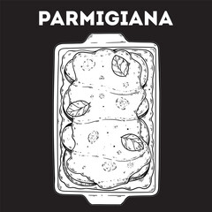 Parmigiana sketch. Vector drawing illustration. Italian food. Italian cuisine. Hand drawn. Top view. Not AI Generated.