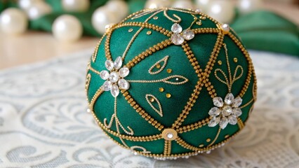 Decorative ornament with green fabric and gold and silver designs on a white table