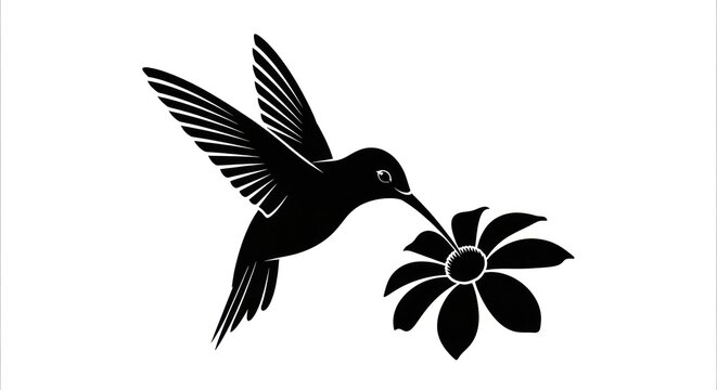 Hummingbird silhouette with daisy in minimalist style, a striking avian vector emblem design