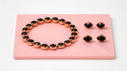Jewelry display with a bracelet and earrings on a pink tray arranged for presentation
