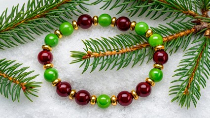 Colorful beaded bracelet on snow with evergreen branches in winter setting