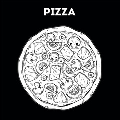Pizza sketch. Vector drawing illustration. Italian food. Italian cuisine. Hand drawn. Top view. Not AI Generated.
