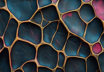 Abstract image featuring interconnected, irregular shapes with vibrant blue, pink, and gold hues, resembling cellular structures or organic patterns.