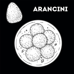 Arancini sketch. Vector drawing illustration. Italian food. Italian cuisine. Hand drawn. Top view. Not AI Generated.