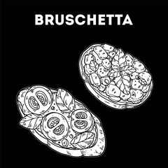 Bruschetta sketch. Vector drawing illustration. Italian food. Italian cuisine. Hand drawn. Top view. Not AI Generated.