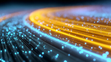 Abstract blue and orange light trails with sparkling data particles, creating a futuristic technology background for connectivity, speed, AI innovation, and digital communication with copy space.